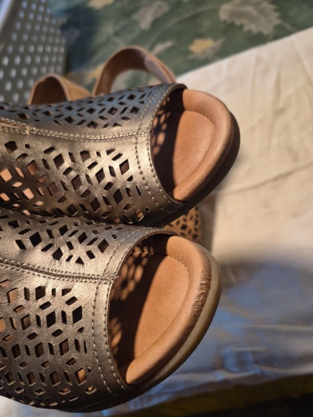 Earth Women's Laser-Cut Slingback Sandals in Tan and Metallic Brown
